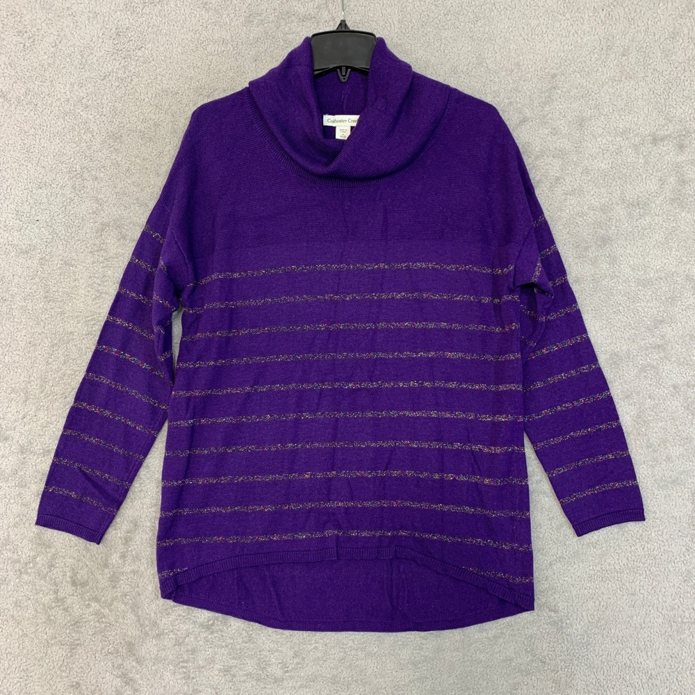 Coldwater Creek Women's M Purple Cowl Neck Sweater Merino Wool Blend Striped